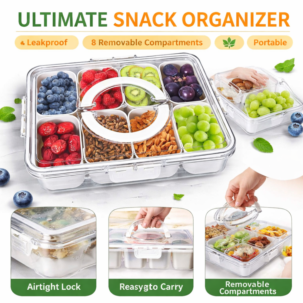 Snackle Box Container – Portable Divided Snack Organizer with Handle & Lid