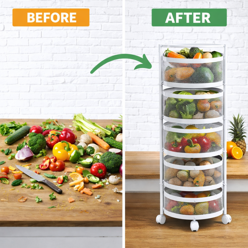 5 Tier 360° Rotatable Kitchen Trolley Storage Rack White Color