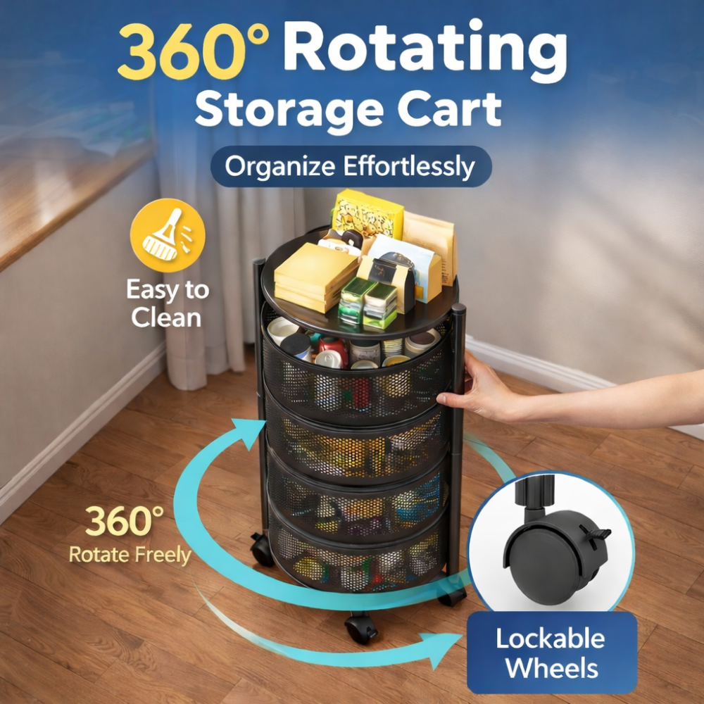 4 Tier Rotatable Kitchen Trolley Storage Rack – Black