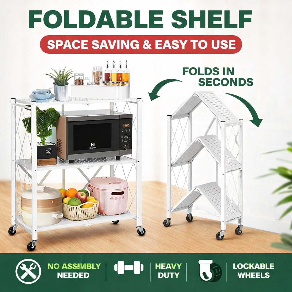 Foldable 3-Layer Storage Shelf with Wheels – Heavy-Duty Carbon Steel (White)