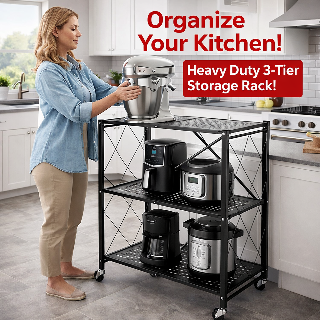 3 Tier Foldable Metal Shelf Rack – Heavy Duty Space Saving Storage Organizer