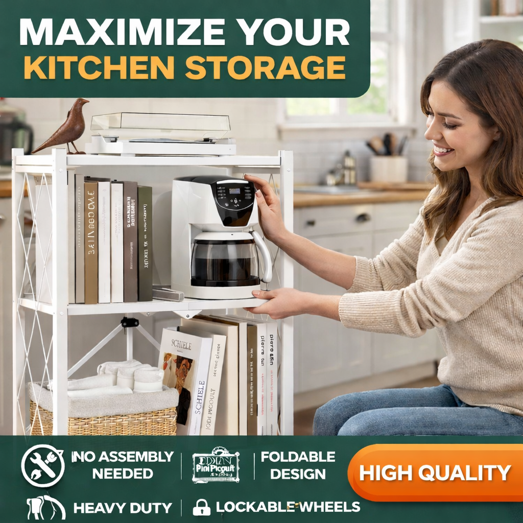 Foldable 3-Layer Storage Shelf with Wheels – Heavy-Duty Carbon Steel (White)
