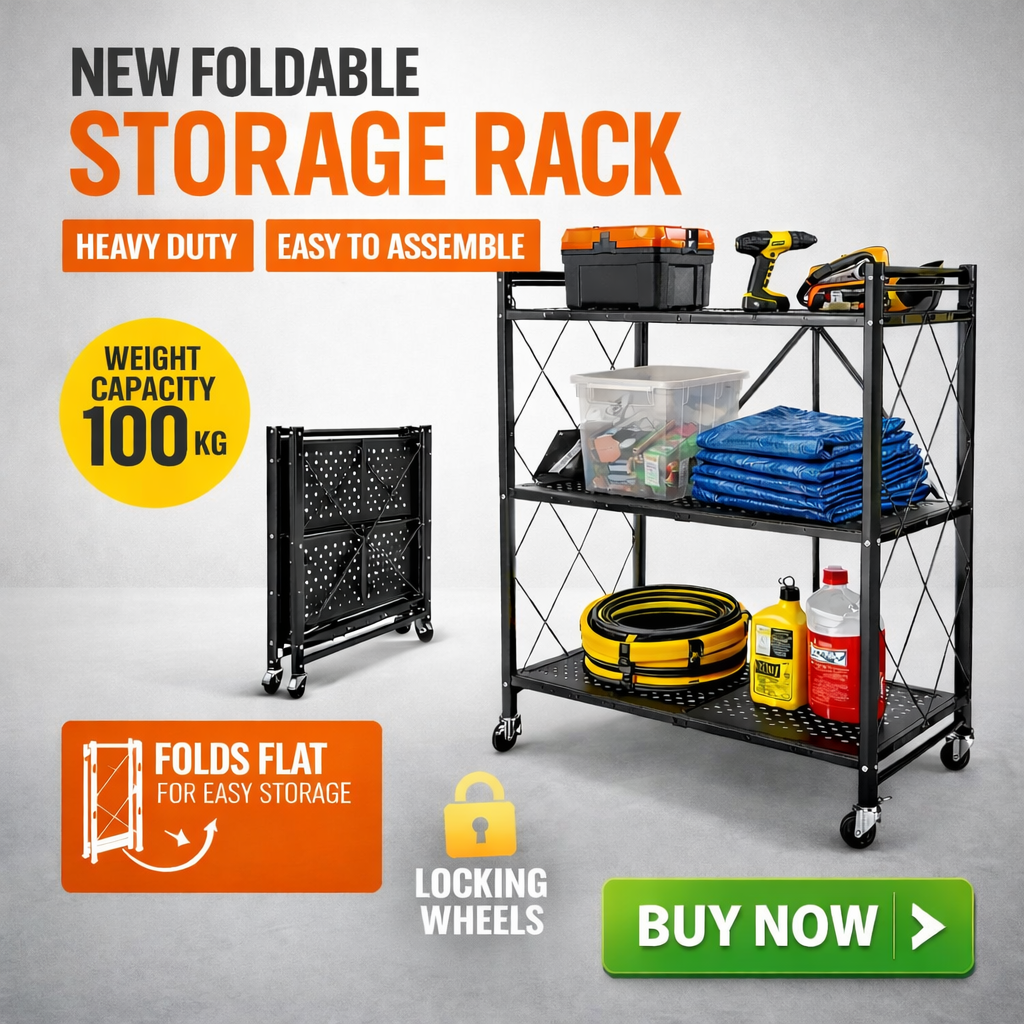 3 Tier Foldable Metal Shelf Rack – Heavy Duty Space Saving Storage Organizer