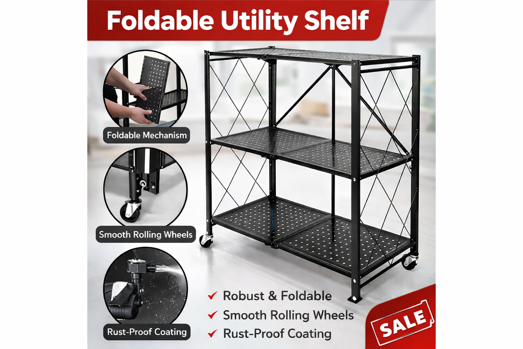 3 Tier Foldable Metal Shelf Rack – Heavy Duty Space Saving Storage Organizer