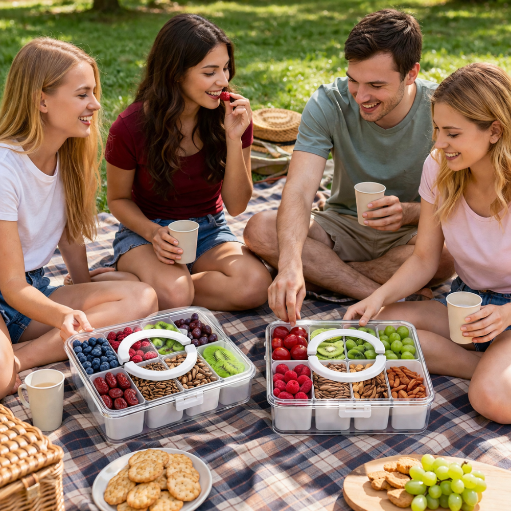 Snackle Box Container – Portable Divided Snack Organizer with Handle & Lid