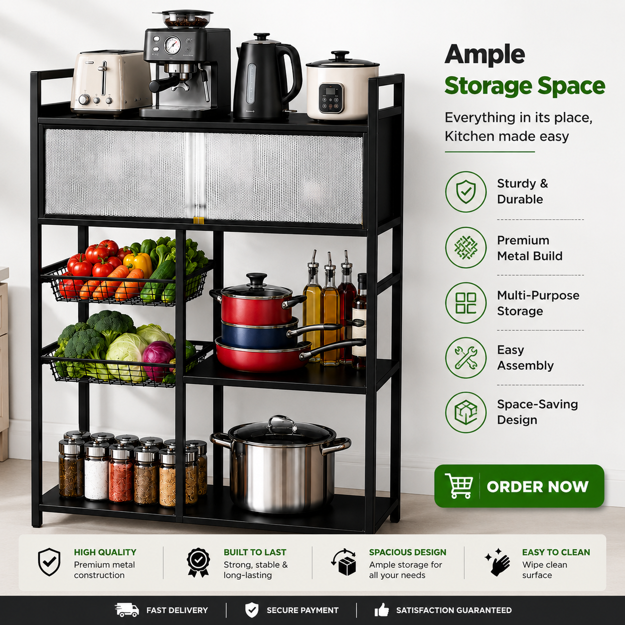 4 Tier Carbon Steel Kitchen Shelf Rack with Cabinet