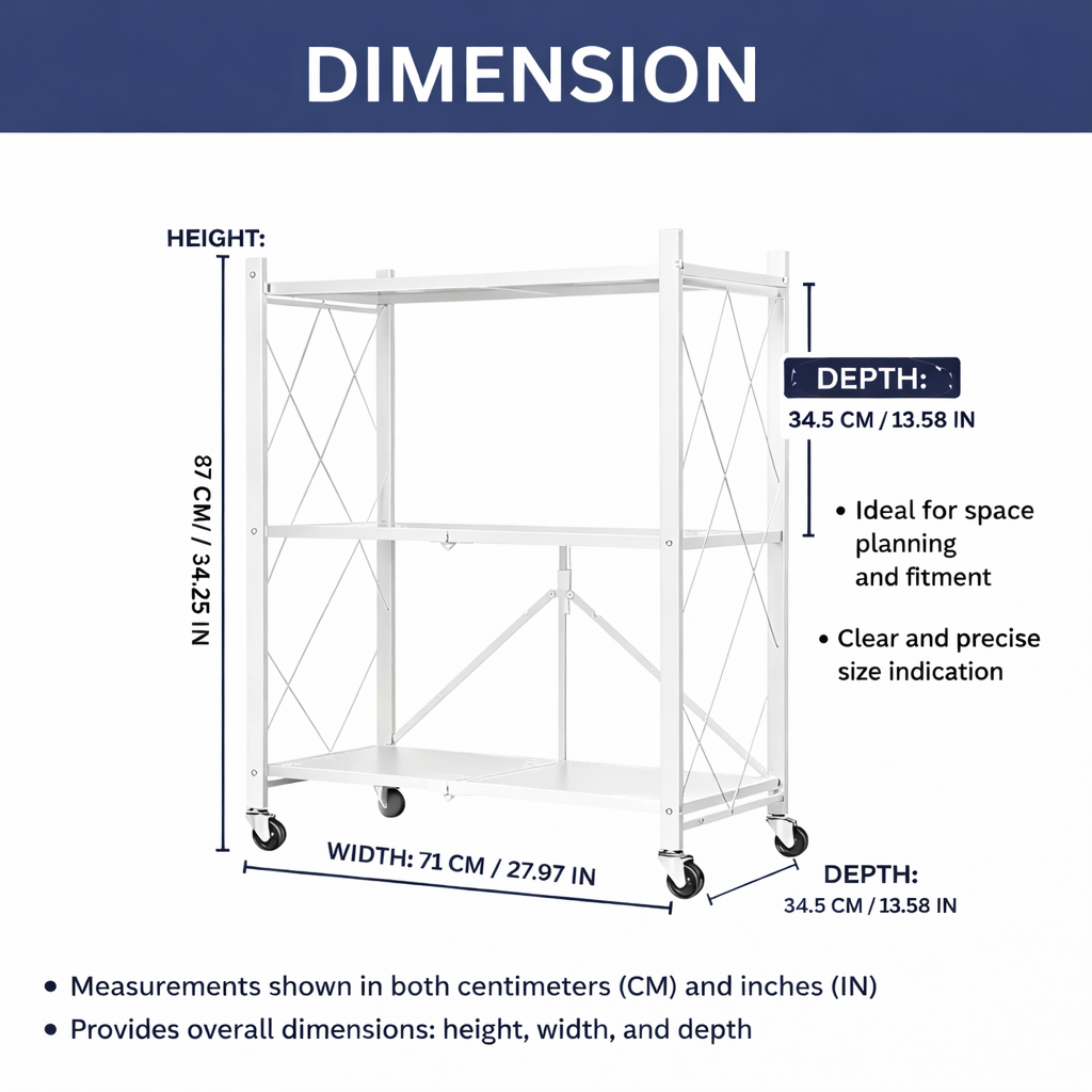 Foldable 3-Layer Storage Shelf with Wheels – Heavy-Duty Carbon Steel (White)