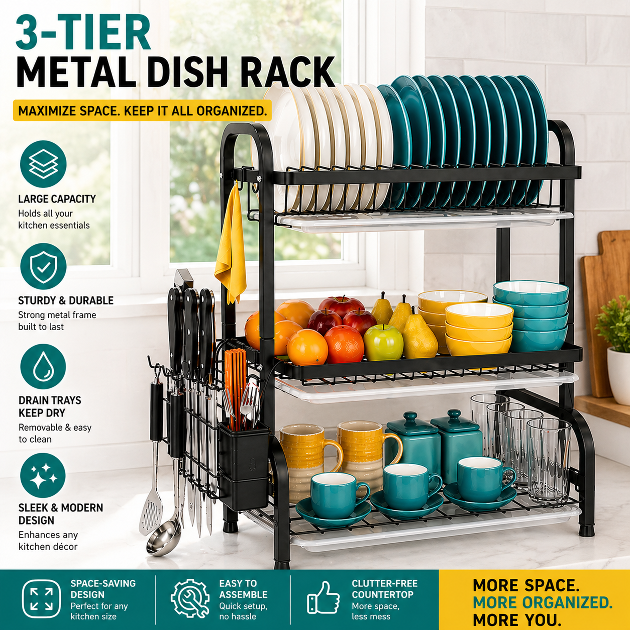 3-Tier Dish Rack With Drain Tray