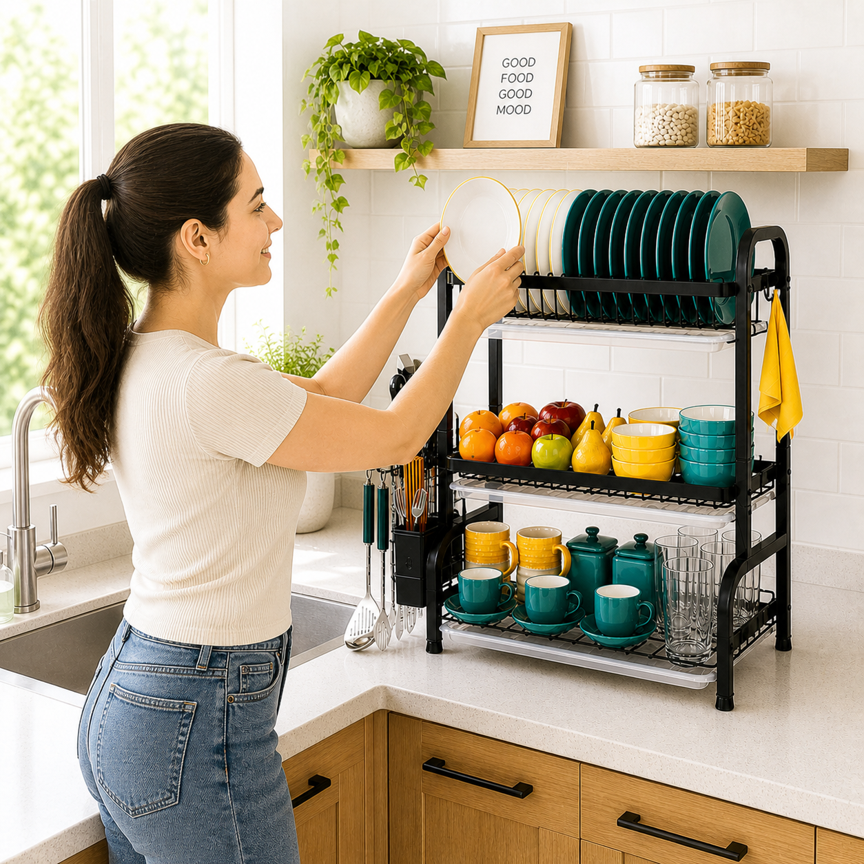 3-Tier Dish Rack With Drain Tray