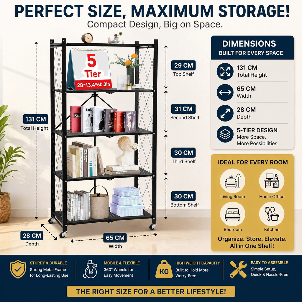 5 Tier Foldable Metal Rack – Executive Heavy-Duty Storage Solution