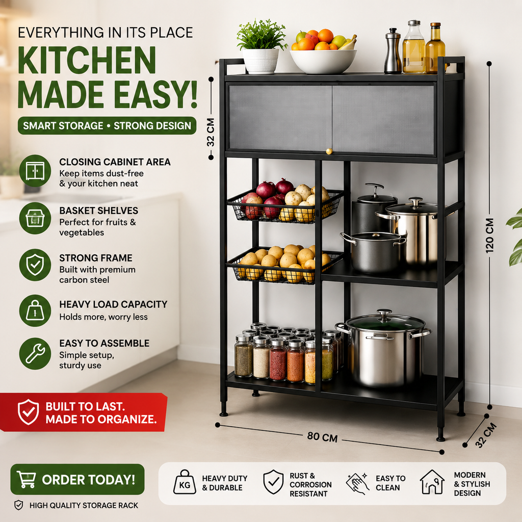 4 Tier Carbon Steel Kitchen Shelf Rack with Cabinet