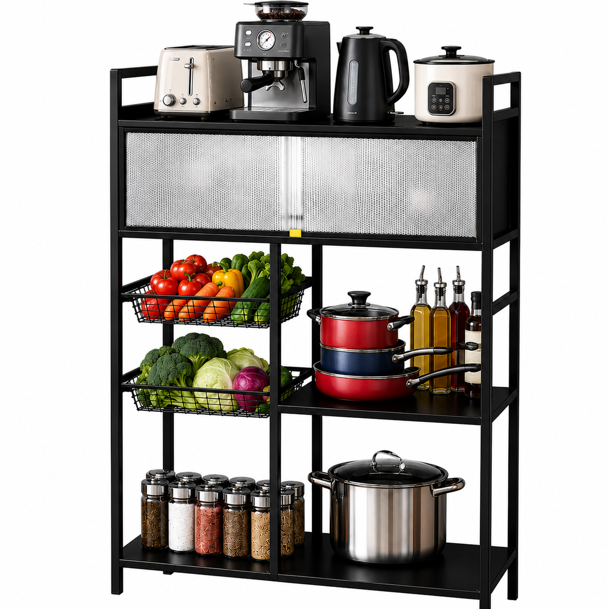 4 Tier Carbon Steel Kitchen Shelf Rack with Cabinet
