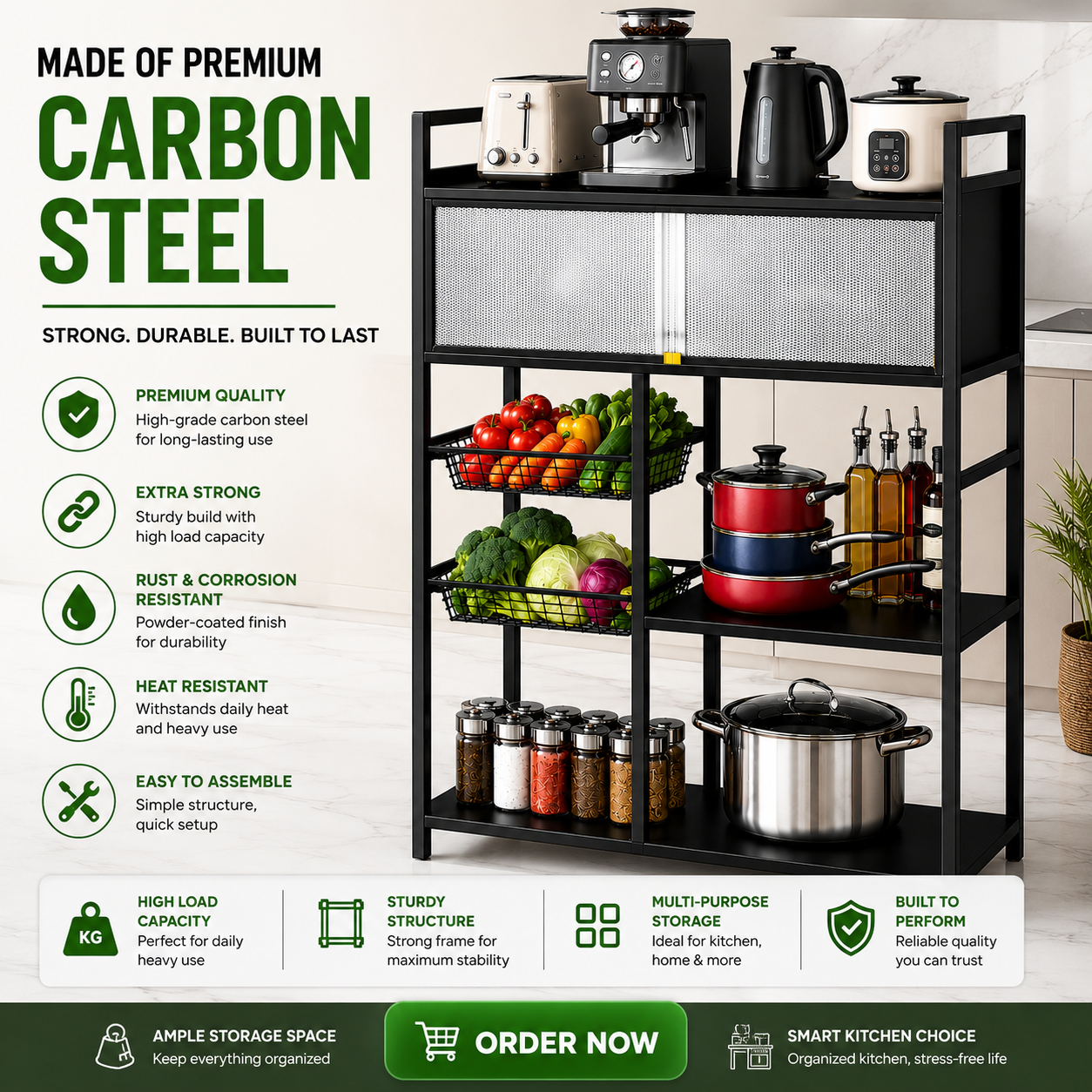 4 Tier Carbon Steel Kitchen Shelf Rack with Cabinet