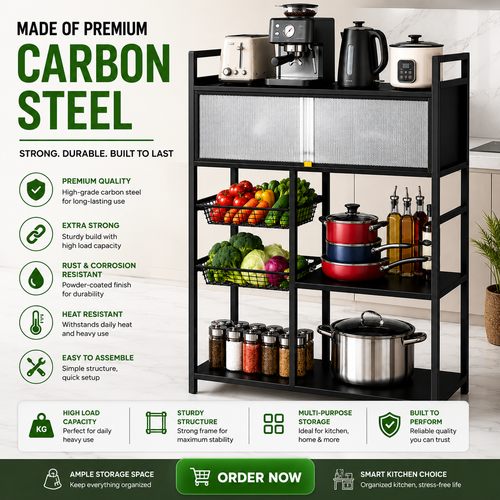 4 Tier Carbon Steel Kitchen Shelf Rack with Cabinet