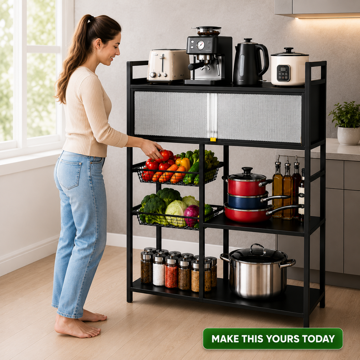 4 Tier Carbon Steel Kitchen Shelf Rack with Cabinet