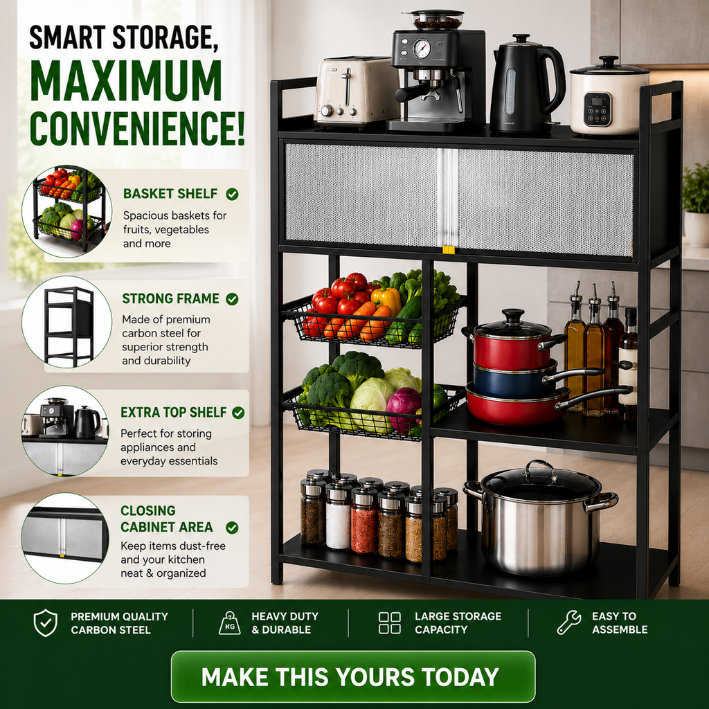 4 Tier Carbon Steel Kitchen Shelf Rack with Cabinet