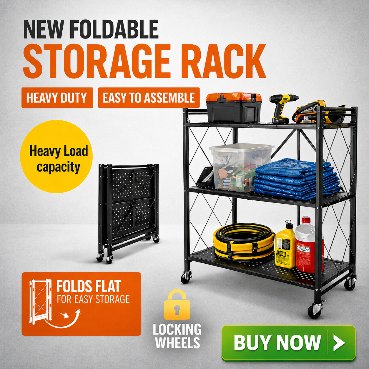 3 Tier Foldable Metal Shelf Rack – Heavy Duty Space Saving Storage Organizer