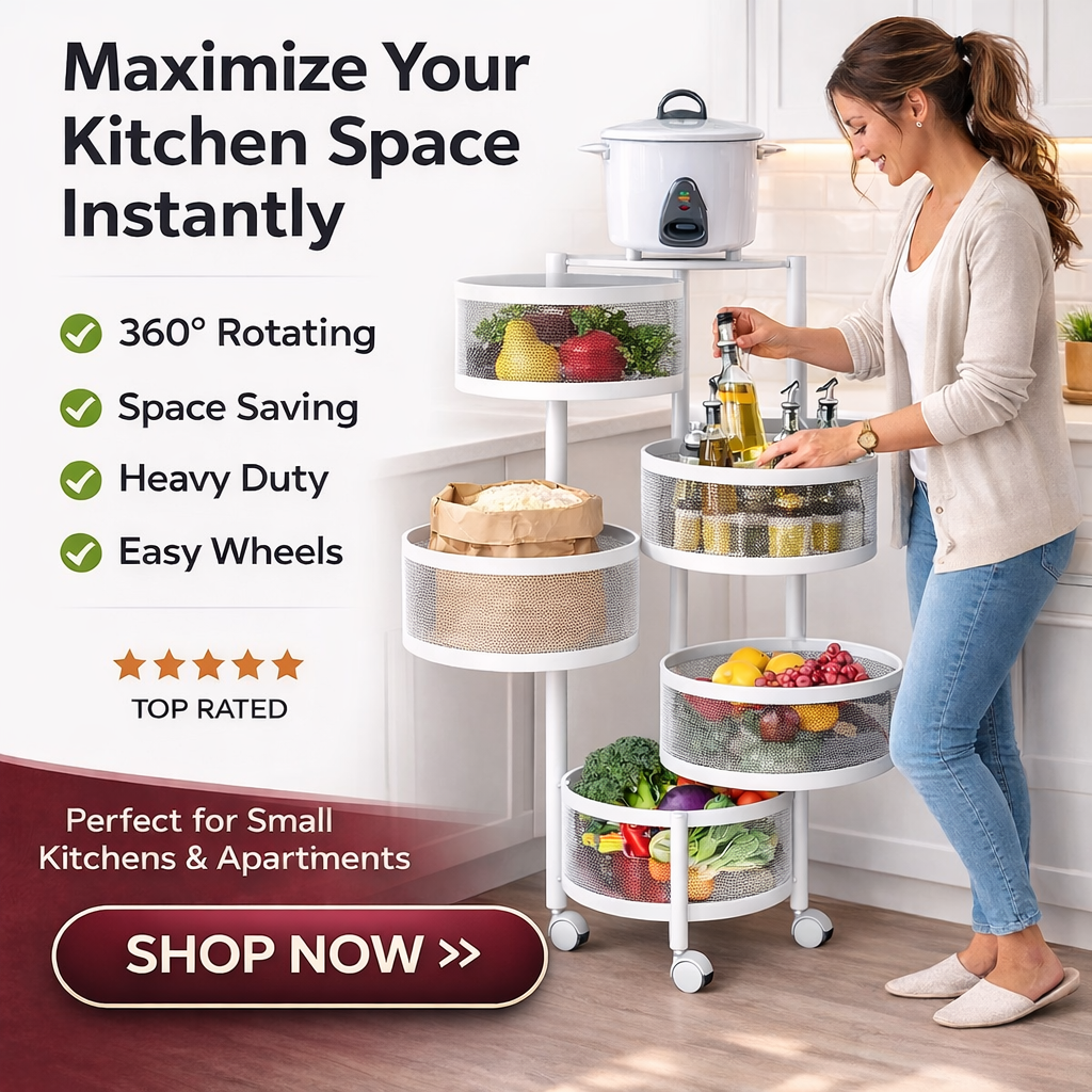 5 Tier 360° Rotatable Kitchen Trolley Storage Rack White Color