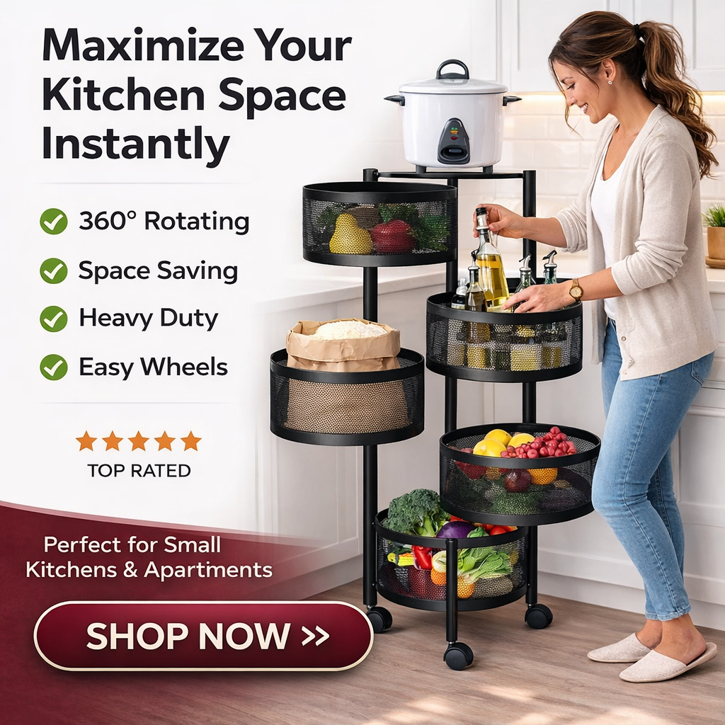 5 Tier 360° Rotatable Kitchen Trolley Storage Rack Black Color