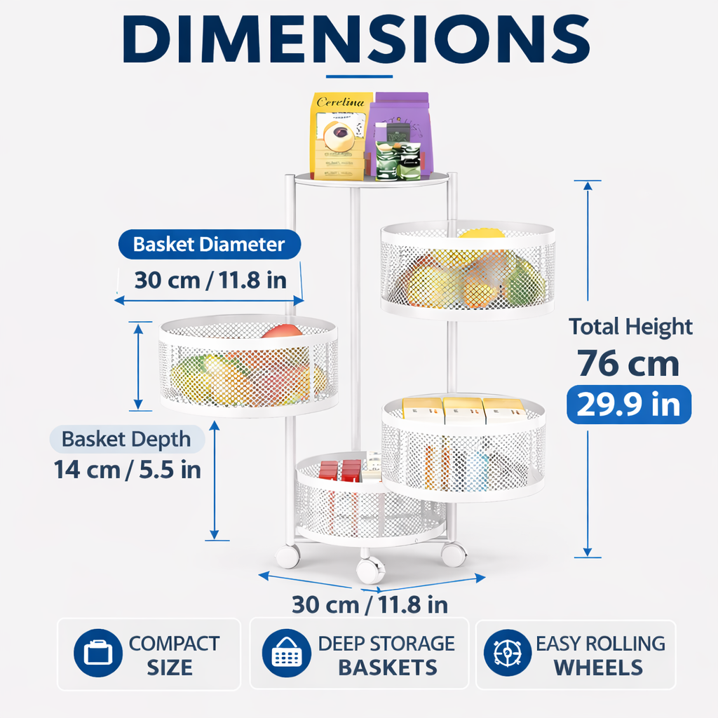4 Tier Rotatable Kitchen Trolley – Storage Cart White