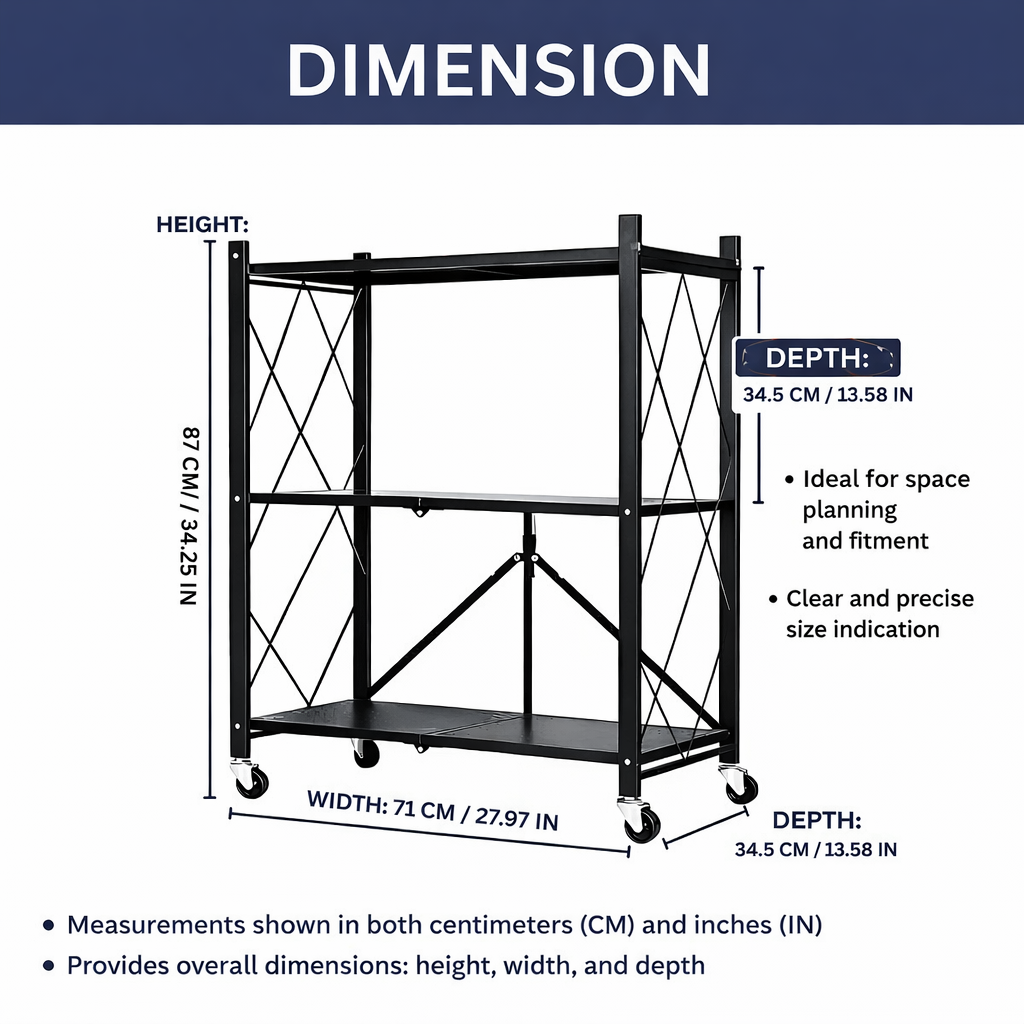 3 Tier Foldable Metal Shelf Rack – Heavy Duty Space Saving Storage Organizer