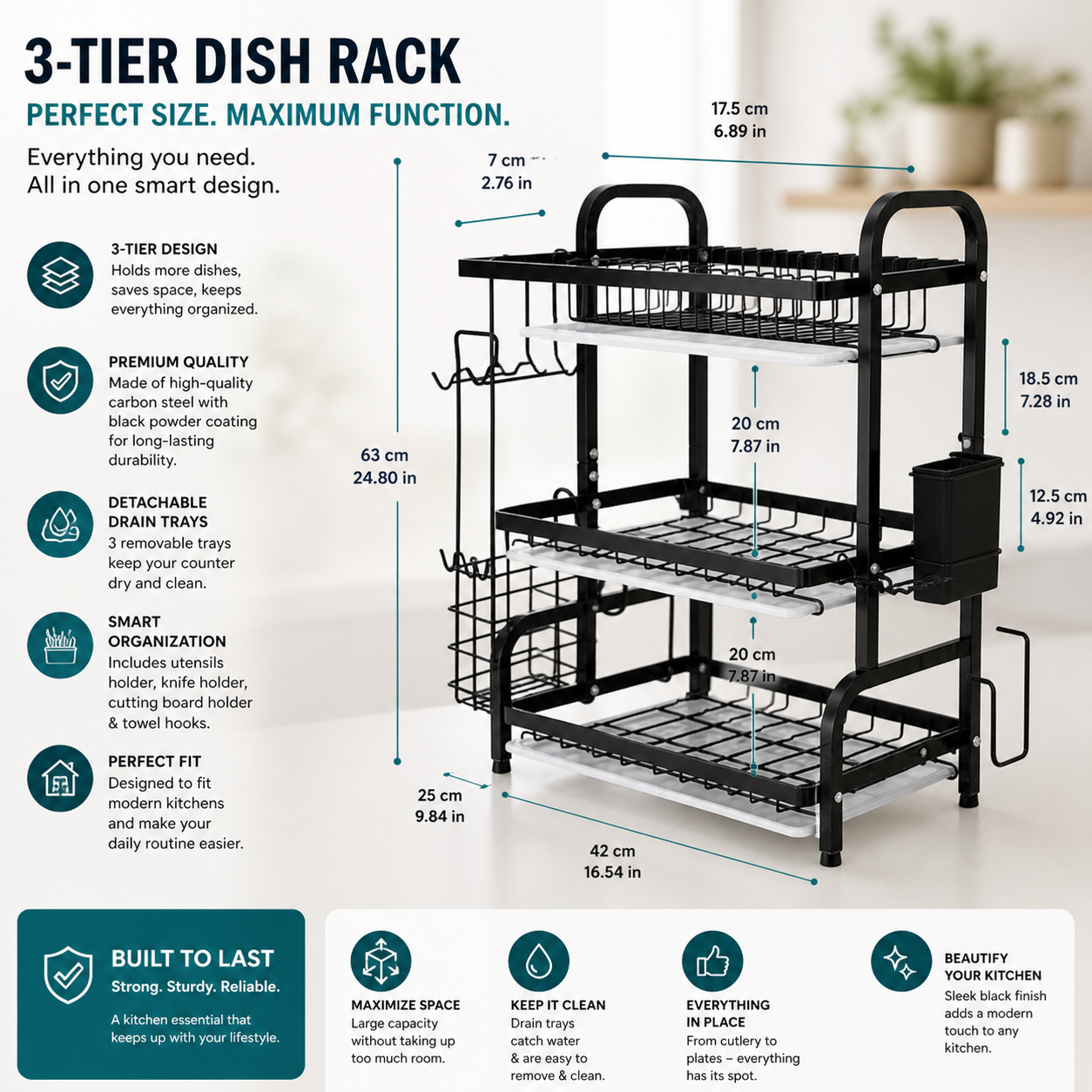 3-Tier Dish Rack With Drain Tray