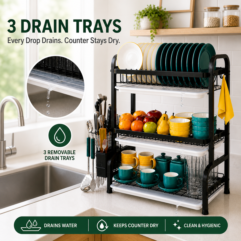 3-Tier Dish Rack With Drain Tray