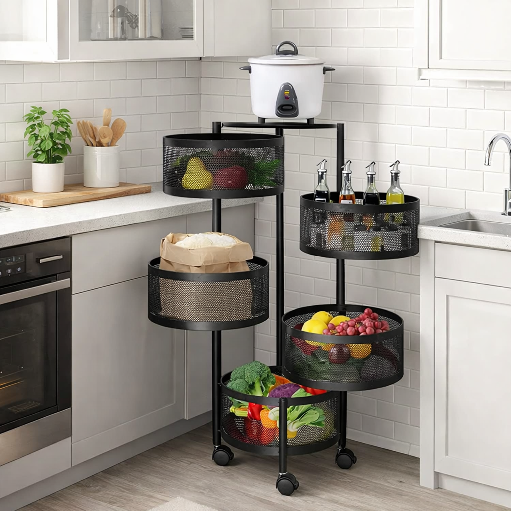 5 Tier 360° Rotatable Kitchen Trolley Storage Rack Black Color