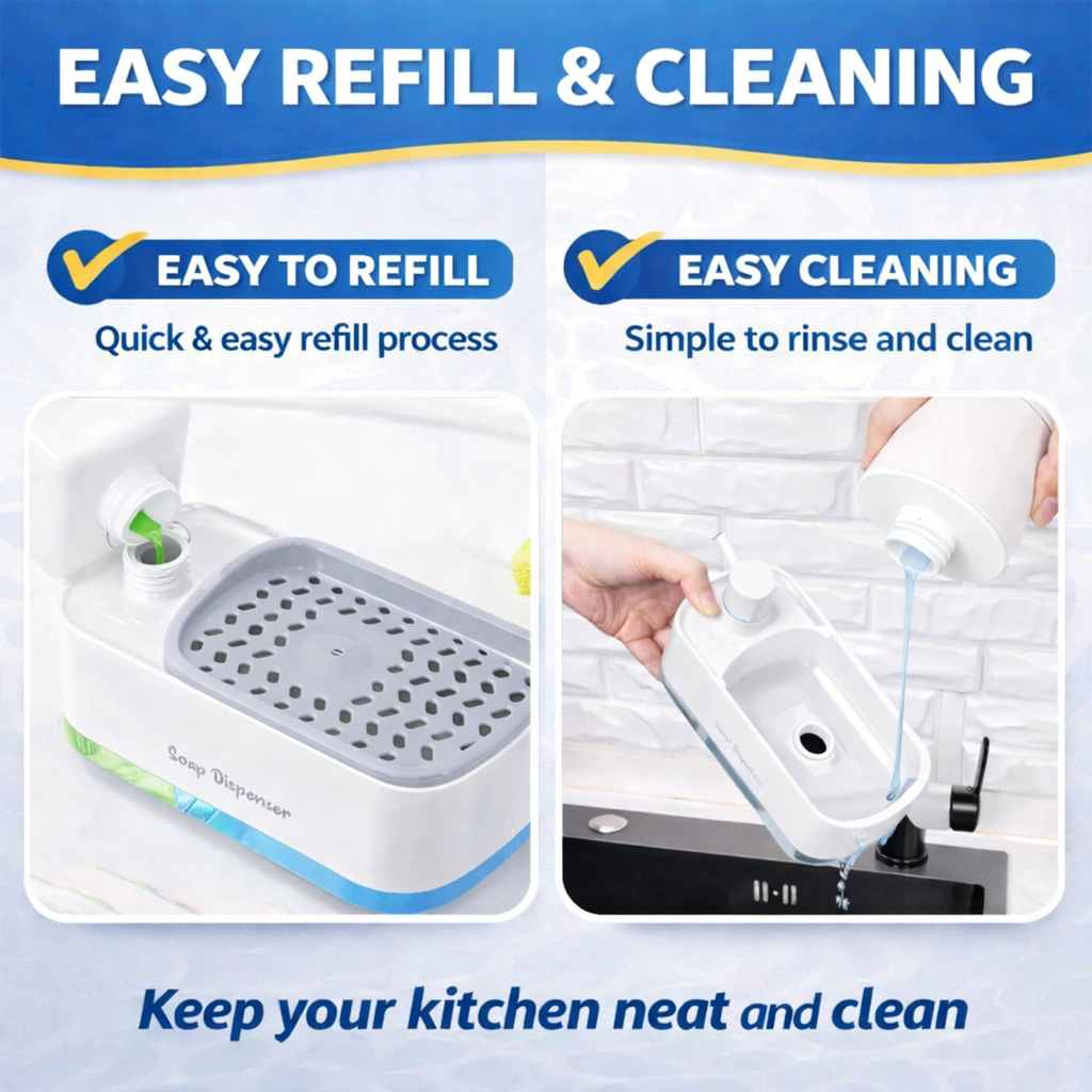 Hand & Dish Soap Dispenser Set for Kitchen (3-in-1) – Black & White