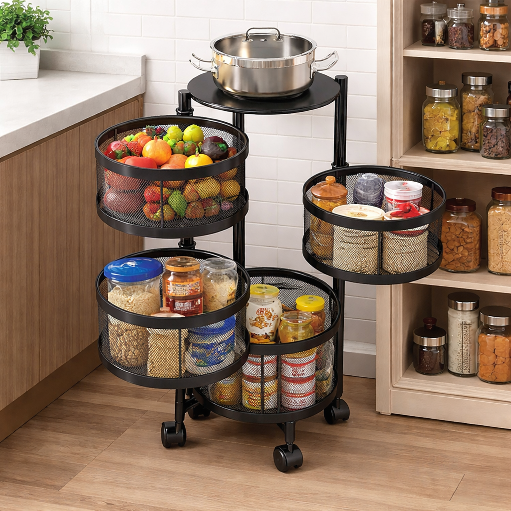 4 Tier Rotatable Kitchen Trolley Storage Rack – Black