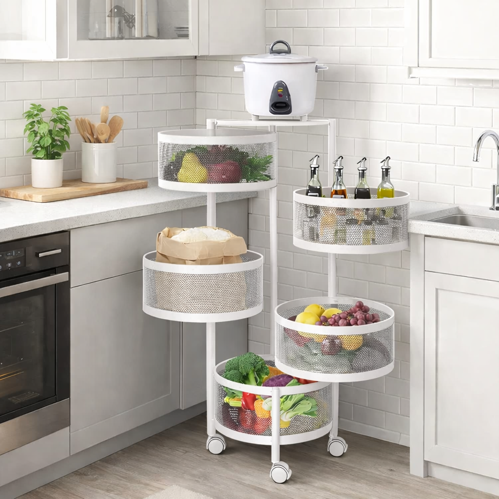 5 Tier 360° Rotatable Kitchen Trolley Storage Rack White Color