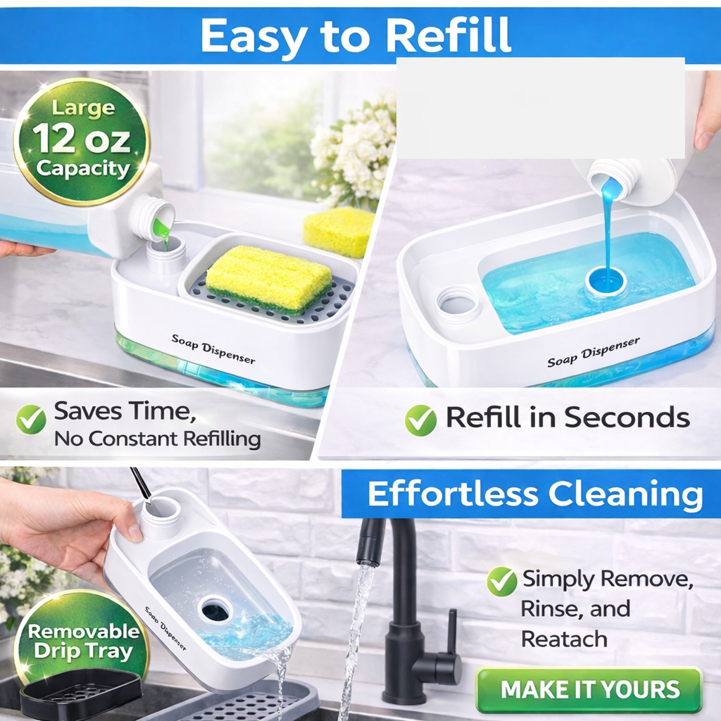Hand & Dish Soap Dispenser Set for Kitchen (3-in-1) – Black & White