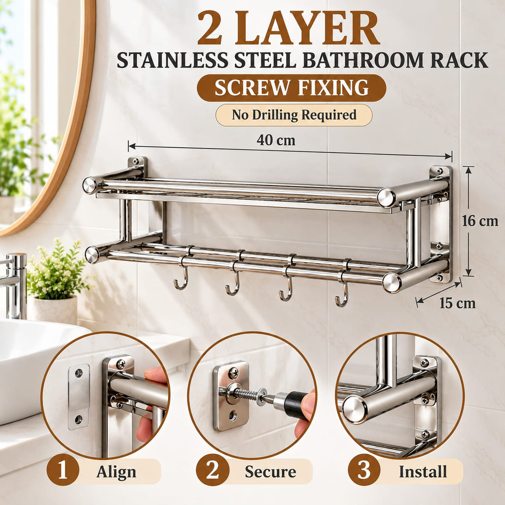 201 Stainless Steel 2-Layer Wall-Mounted Bathroom Storage Rack