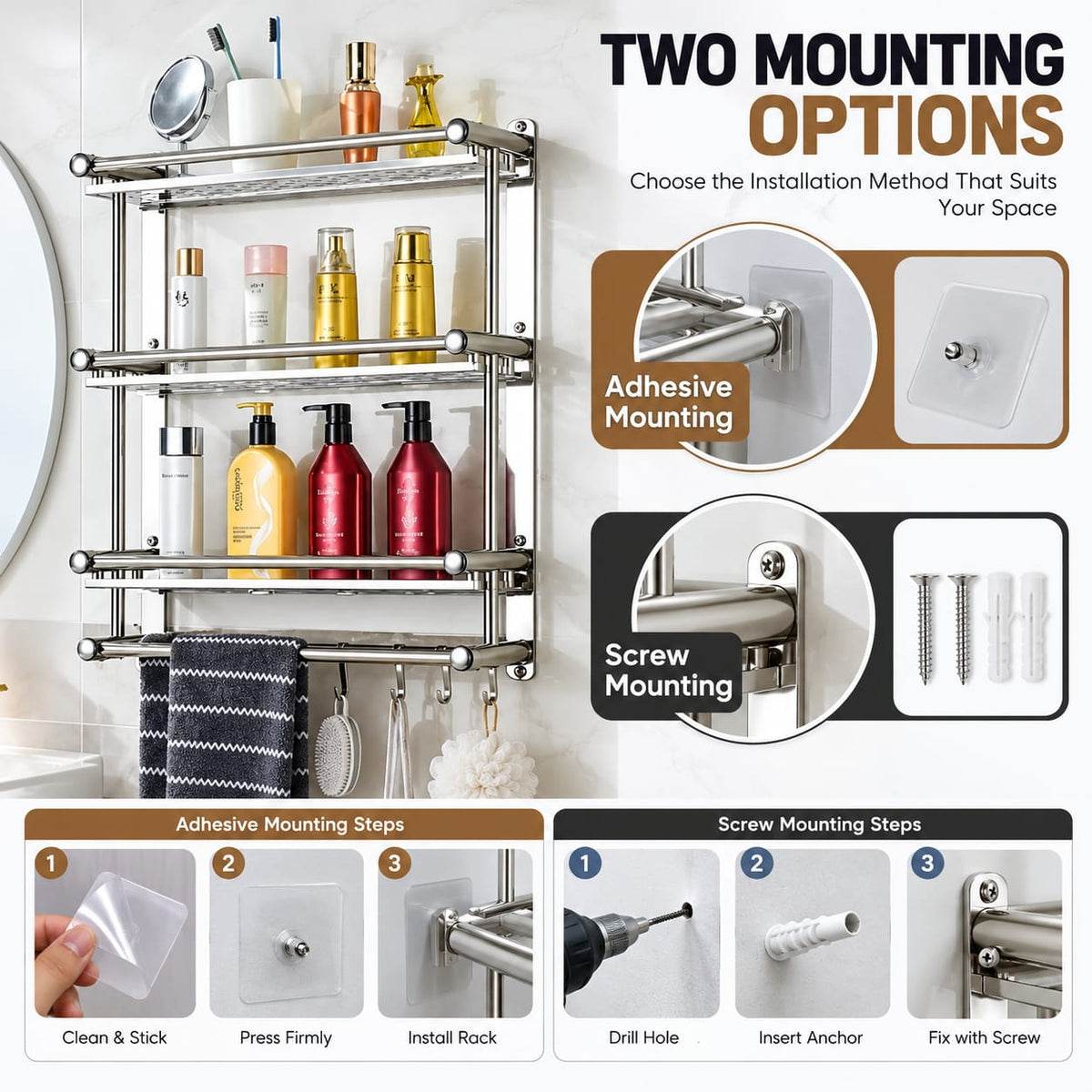 Wall Mounted Stainless Steel 4 Layer Bathroom Storage Rack
