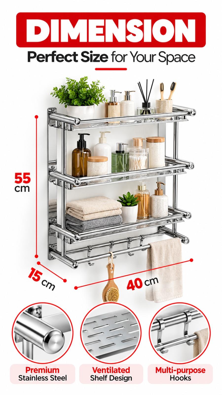 Wall Mounted Stainless Steel 4 Layer Bathroom Storage Rack