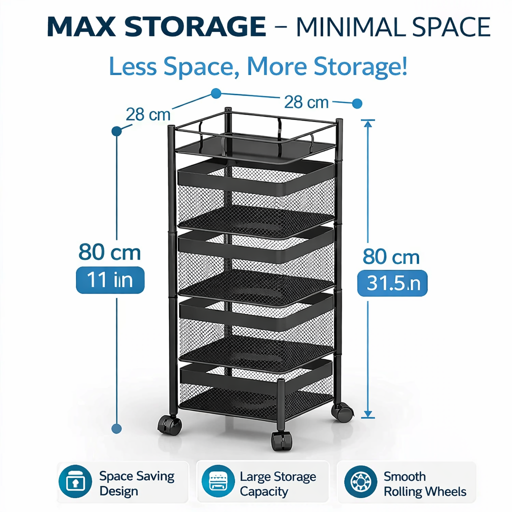 4 Tier Rolling Kitchen Trolley with Wheels – Black Carbon Steel Storage Rack
