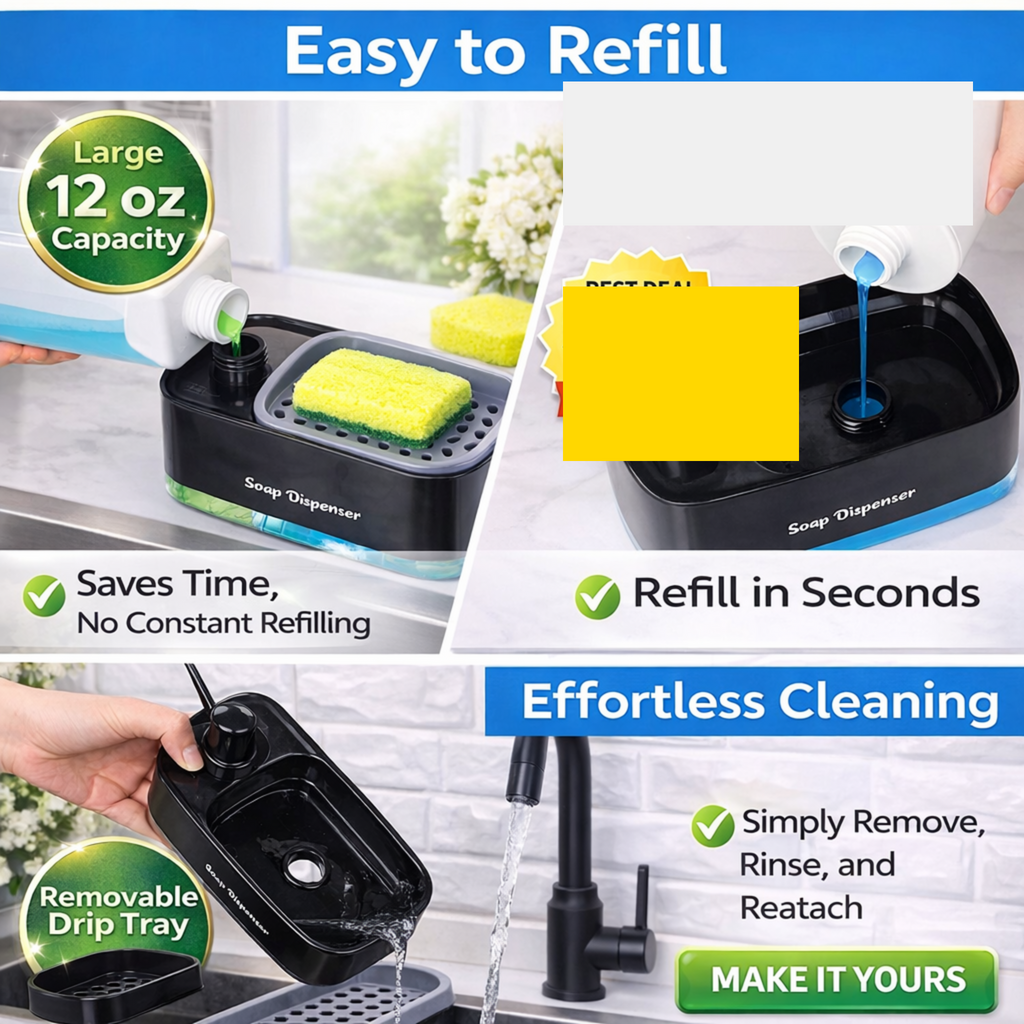 Hand & Dish Soap Dispenser Set for Kitchen (3-in-1) – Black & White