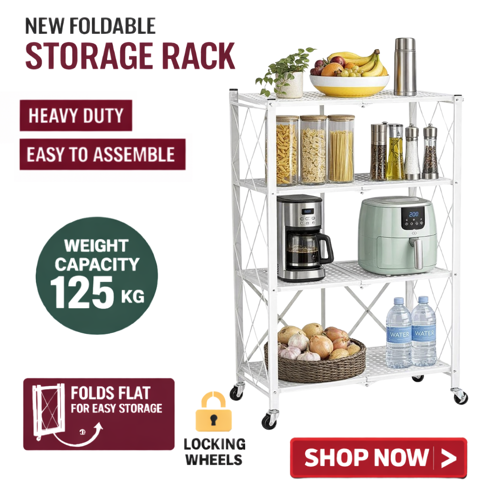 Foldable 4-Layer Heavy-Duty Storage Shelf with Wheels –  (White)
