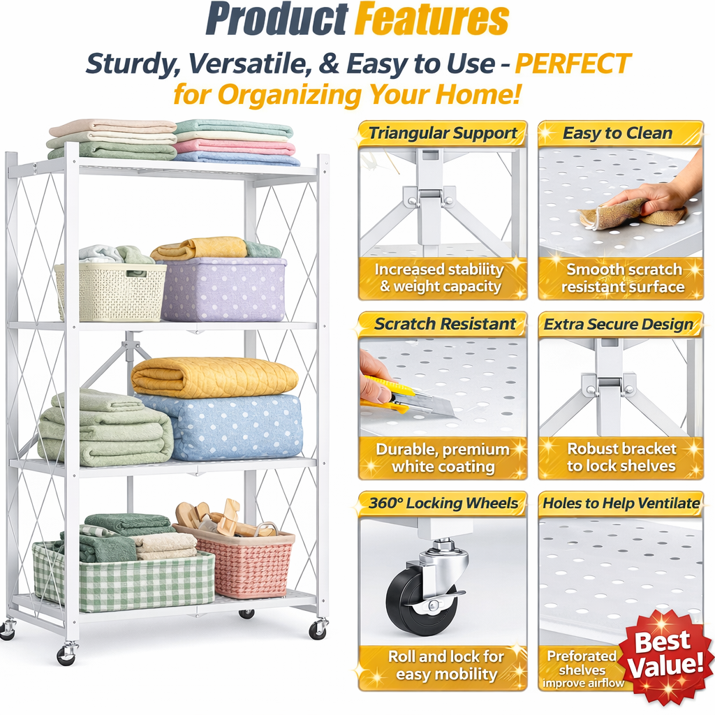 Foldable 5 Tier Heavy-Duty Storage Shelf with Wheels – Carbon Steel (White)