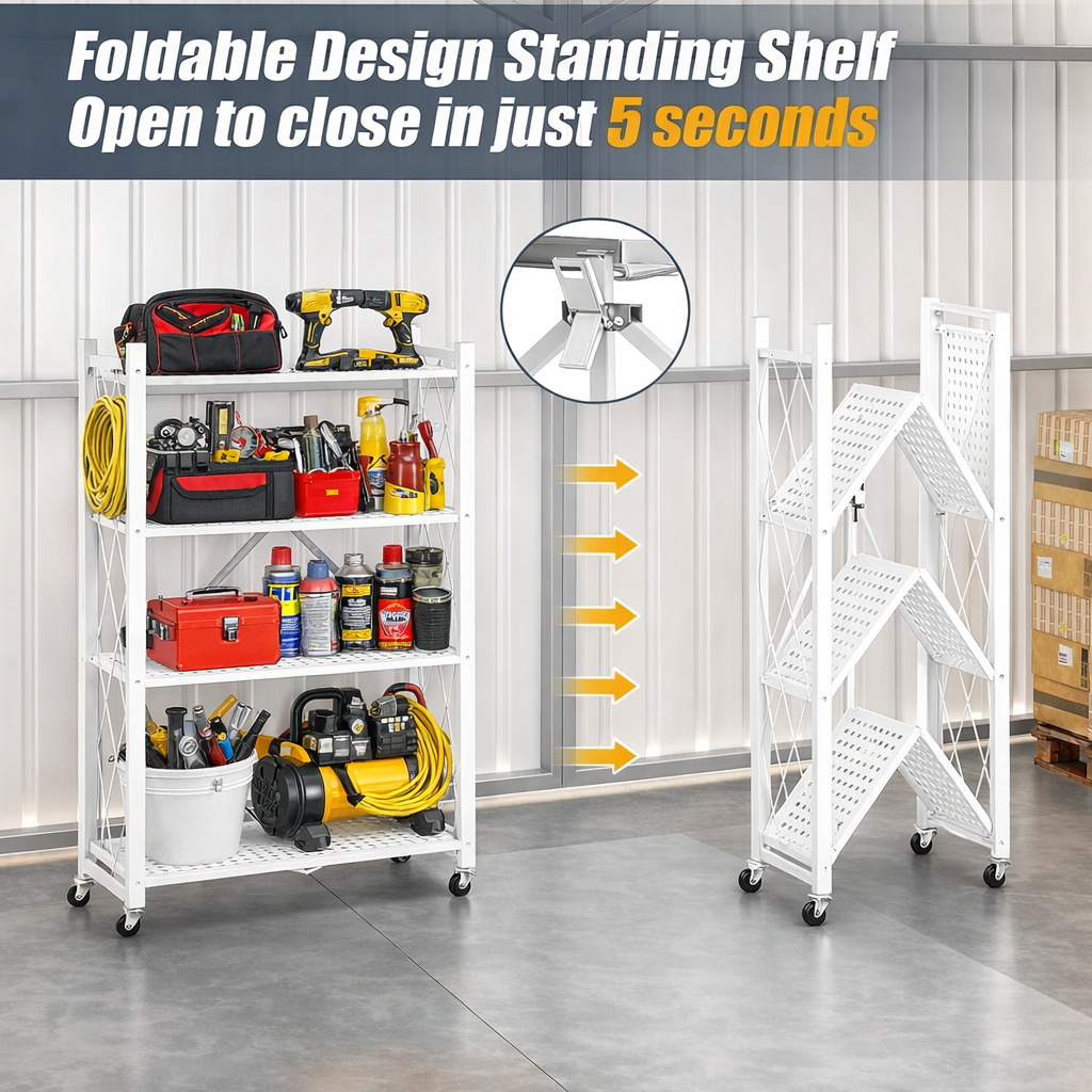 Foldable 4-Layer Heavy-Duty Storage Shelf with Wheels –  (White)