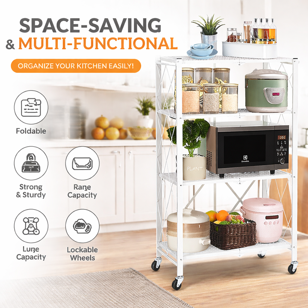 Foldable 4-Layer Heavy-Duty Storage Shelf with Wheels –  (White)