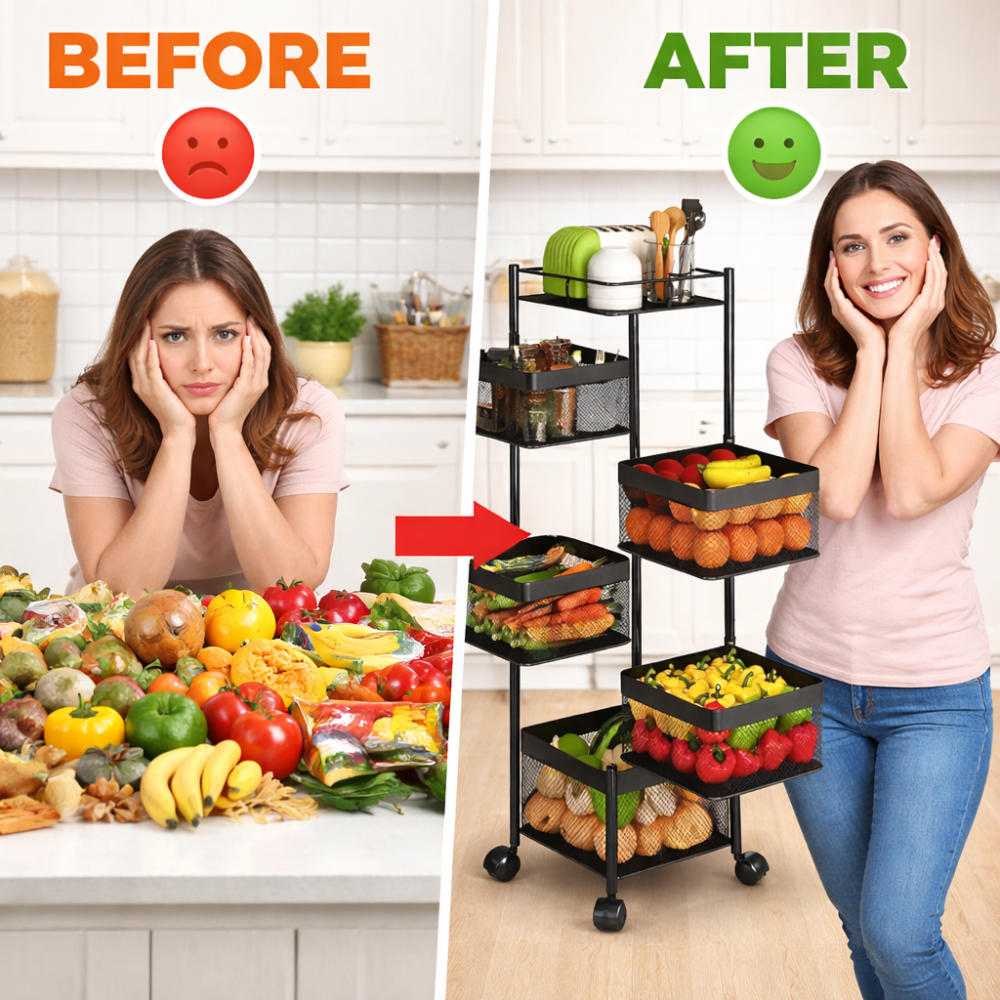 5 Layer Revolving Sqaure Kitchen Trolley – Movable Storage Cart with Wheels