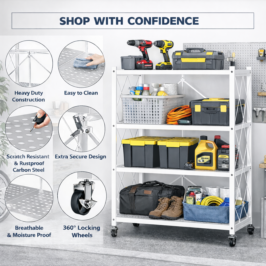Foldable 4-Layer Heavy-Duty Storage Shelf with Wheels –  (White)