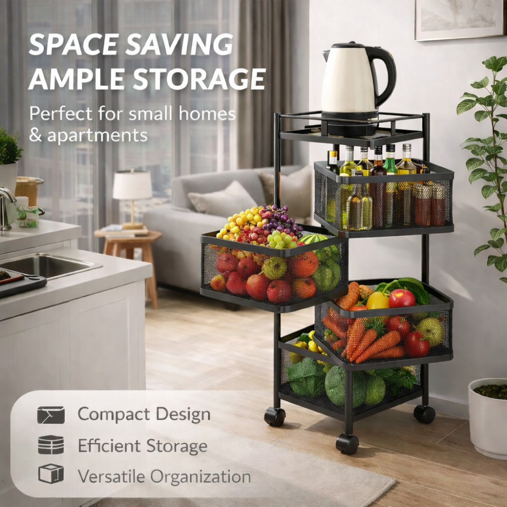 4 Tier Rolling Kitchen Trolley with Wheels – Black Carbon Steel Storage Rack
