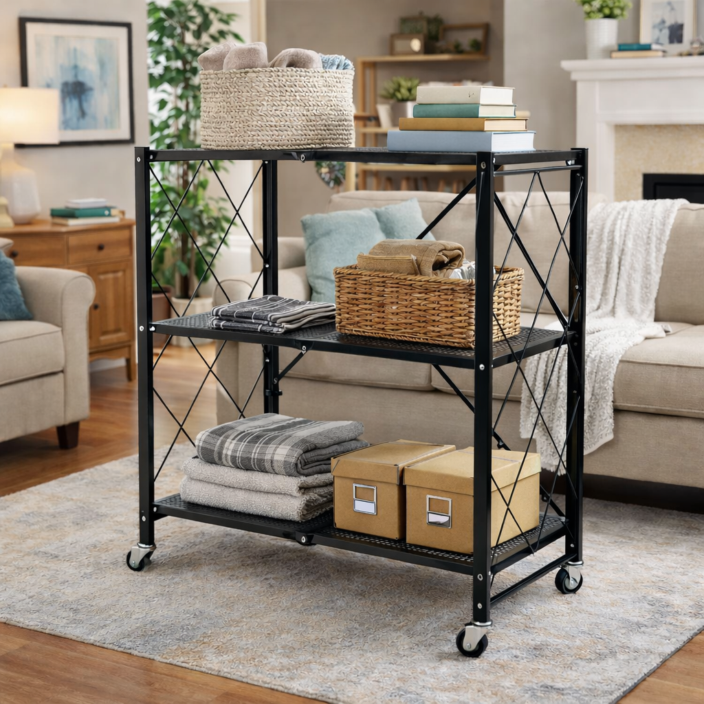 3 Tier Foldable Metal Shelf Rack – Heavy Duty Space Saving Storage Organizer