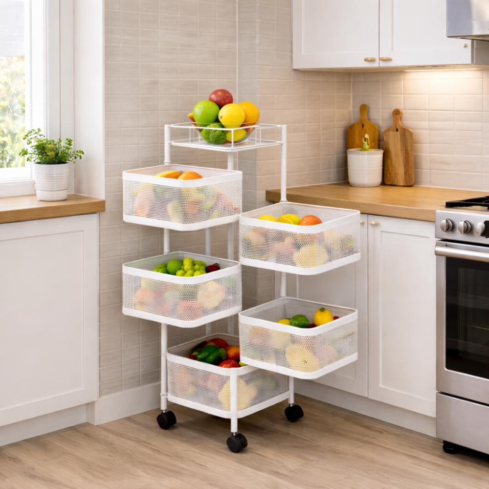 5 TIier Kitchen Cart with Wheels – White Storage Rack