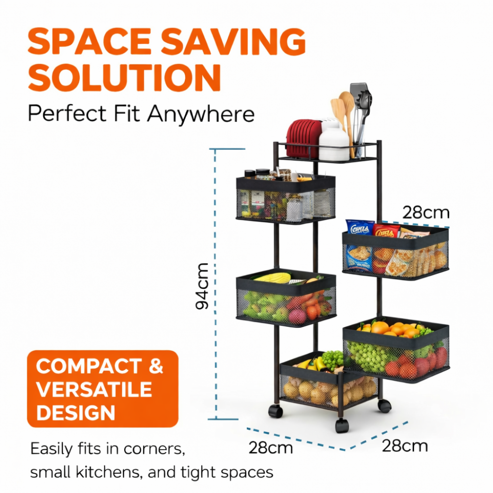 5 Layer Revolving Sqaure Kitchen Trolley – Movable Storage Cart with Wheels