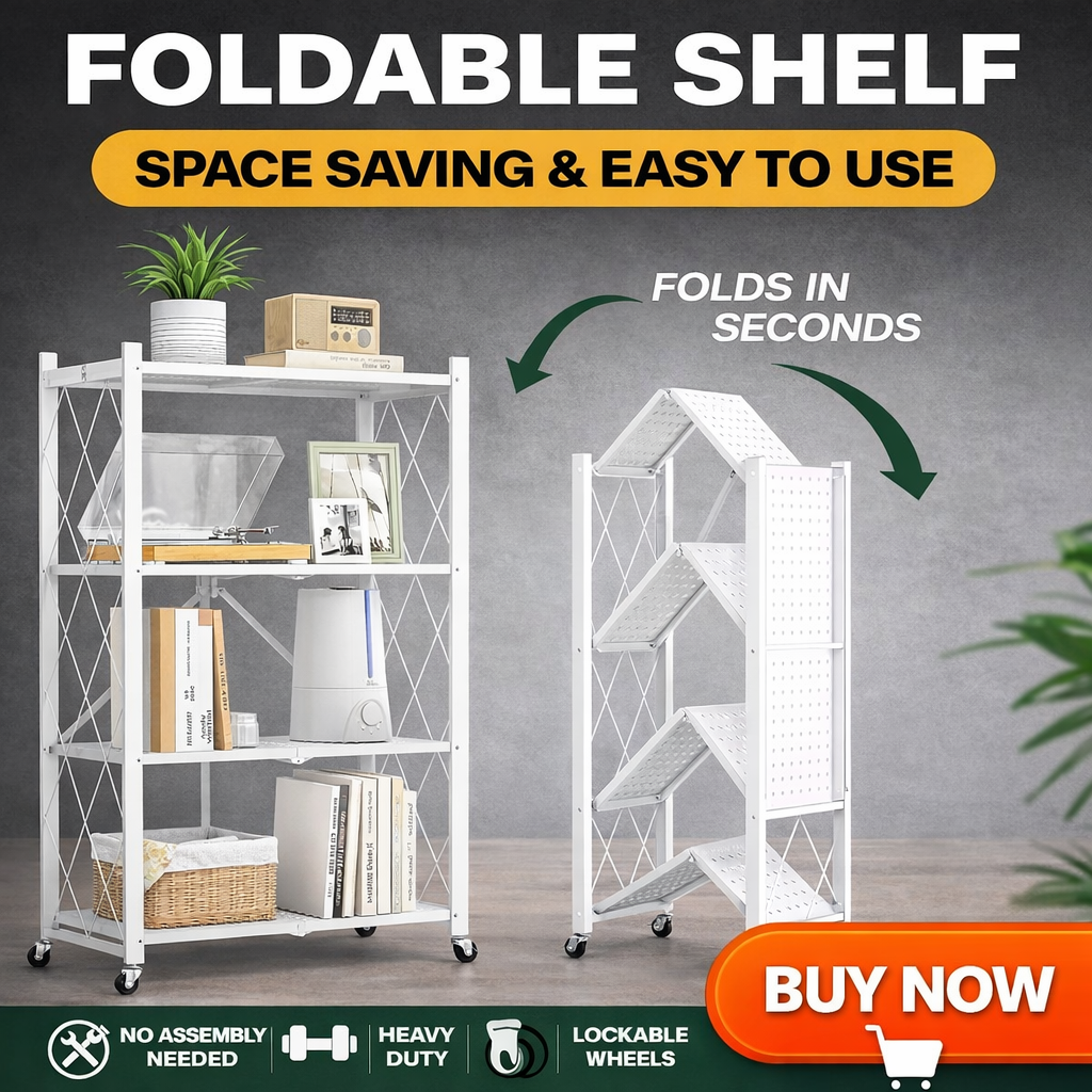 Foldable 4-Layer Heavy-Duty Storage Shelf with Wheels –  (White)