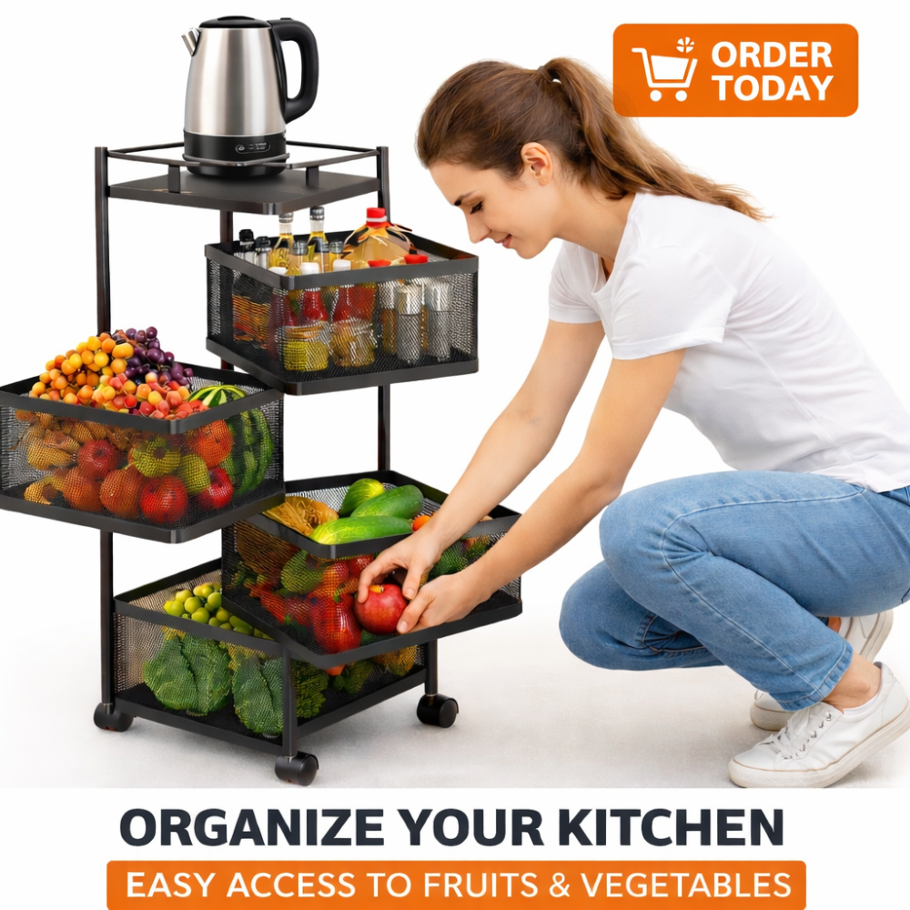 4 Tier Rolling Kitchen Trolley with Wheels – Black Carbon Steel Storage Rack