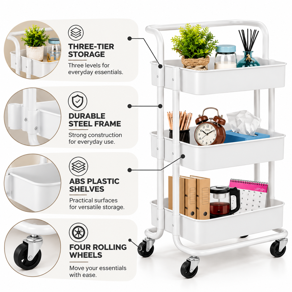 3- Tier White Multipurpose Rolling Storage Cart